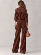 Daphne - Boho Corduroy Lace-Trim Shirt & Wide-Leg Pants Set