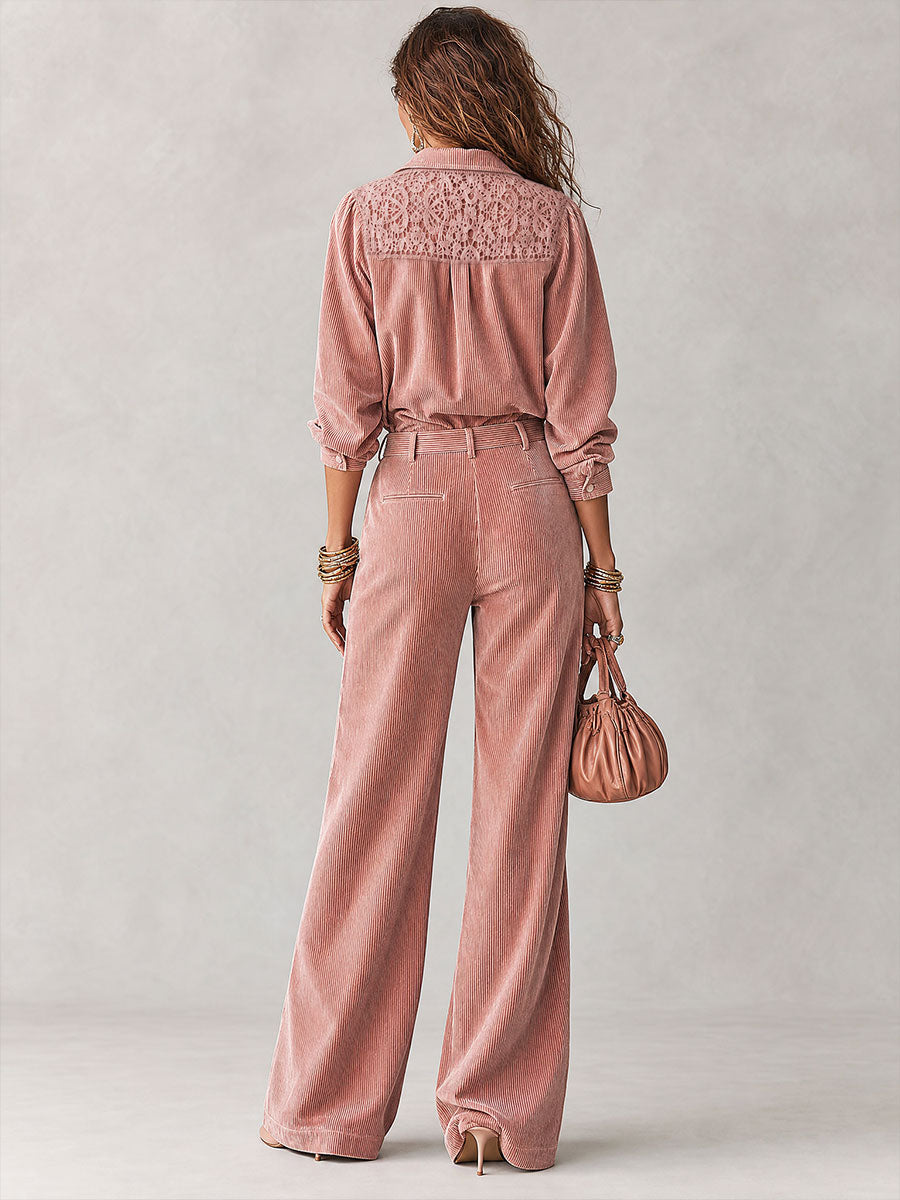 Daphne - Boho Corduroy Lace-Trim Shirt & Wide-Leg Pants Set