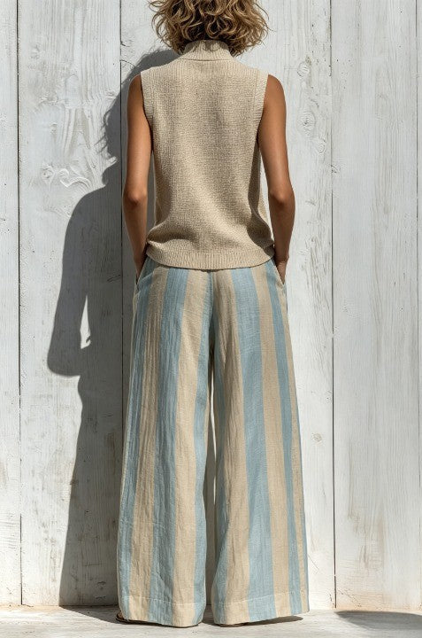 Giselle - Casual Sleeveless Top and Loose Striped Trousers Set