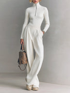 Chic Elegant Zip-up Mock Neck Slim-Fit Sweater Elastic Waist Wide-Leg Pants Knit Two-Piece Set