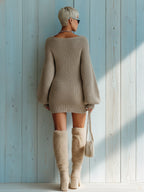 Casual Vintage Light Brown Square Neck Chunky Knit Lantern Sleeve Vintage Slouchy Knit Mini Dress