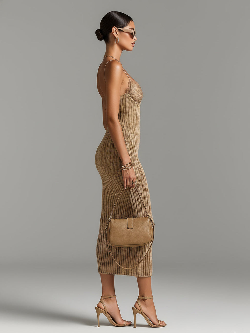 Beatrice - Chic Elegant Camel V-Neck Spaghetti Straps Sleeveless Lace Patch Slim-Fit Detail Ribbed Knit Bodycon Midi Dress