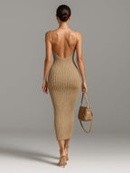Beatrice - Chic Elegant Camel V-Neck Spaghetti Straps Sleeveless Lace Patch Slim-Fit Detail Ribbed Knit Bodycon Midi Dress