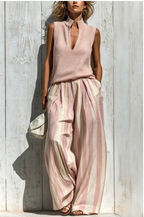 Giselle - Casual Sleeveless Top and Loose Striped Trousers Set