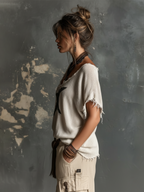 Chic Casual White V-Neck Star Print  Raw Edge Dolman Sleeves Loose-Fit Knit Sweater Top