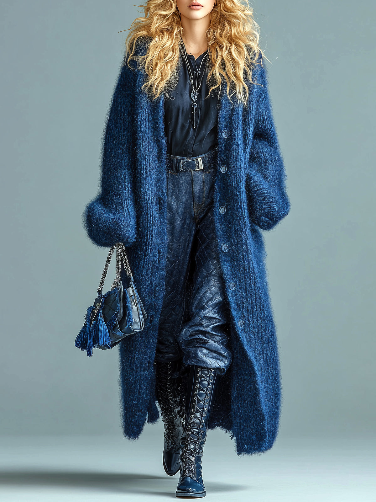 Alessia - Casual Chic Navy Blue Single-breasted Oversized Longline Fuzzy Knit Cardigan