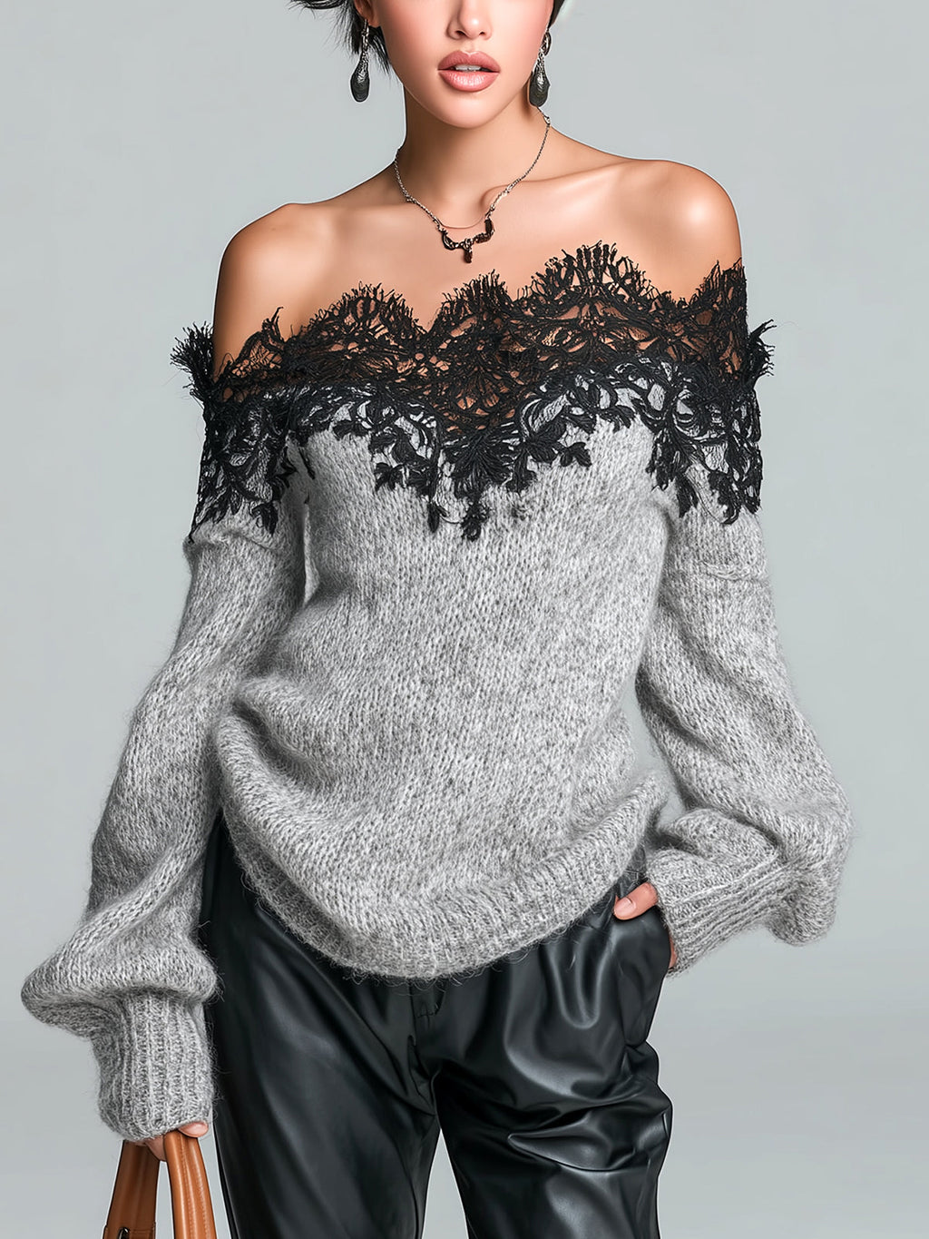Odette - Chic Casual Gray Off-The-Shoulder Lace Trim Detail Long Sleeve Oversized Knit Sweater Top