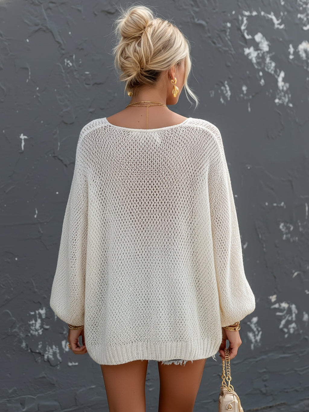 Marcella - Chic Elegant Cream White Round-Neck Long Lantern Sleeve Loose-Fit Mesh Knit Sweater Top