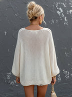 Marcella - Chic Elegant Cream White Round-Neck Long Lantern Sleeve Loose-Fit Mesh Knit Sweater Top