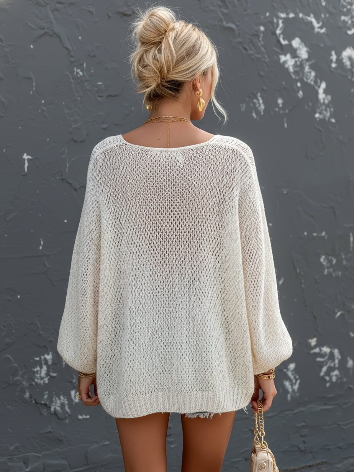 Marcella - Chic Elegant Cream White Round-Neck Long Lantern Sleeve Loose-Fit Mesh Knit Sweater Top