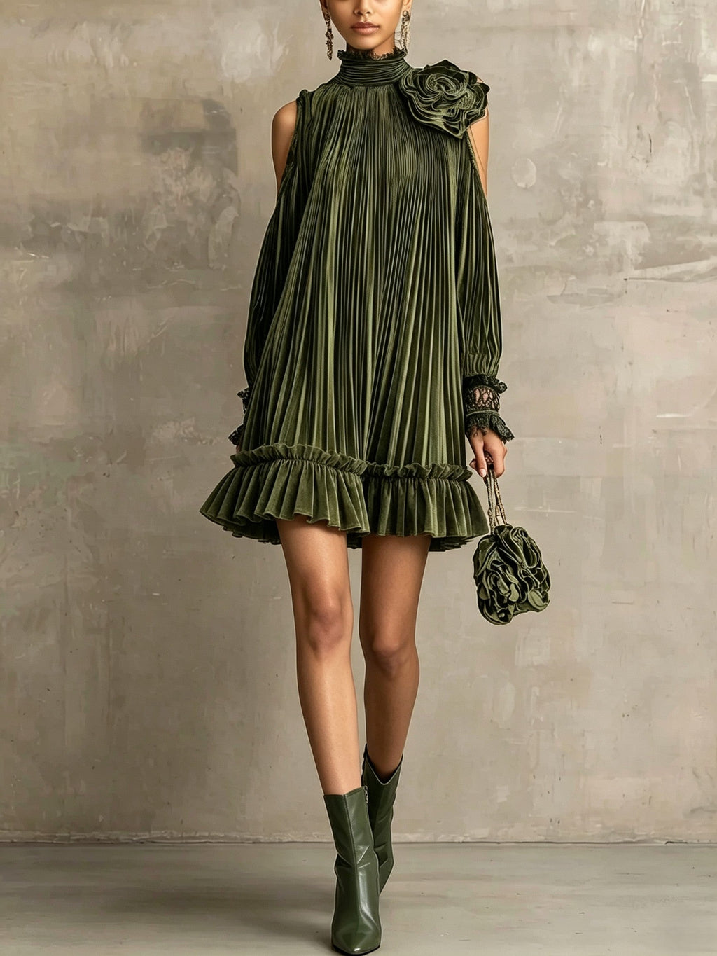 Ophelia - Elegant Olive Green Pleated Mini Dress with High Neck, Ruffle Hem & Rose Detail
