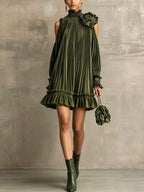 Ophelia - Elegant Olive Green Pleated Mini Dress with High Neck, Ruffle Hem & Rose Detail