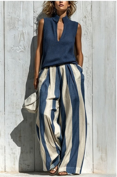 Giselle - Casual Sleeveless Top and Loose Striped Trousers Set