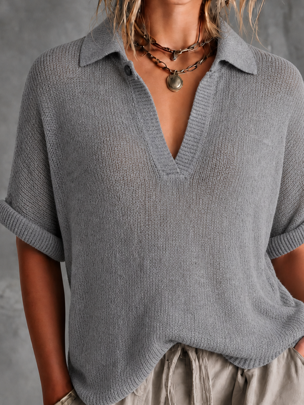 Chic Casual Dusty Grey Lapel-Collar V-Neck Button-Detail Half‑Sleeve Loose-Fit Mesh Knit Sweater Top