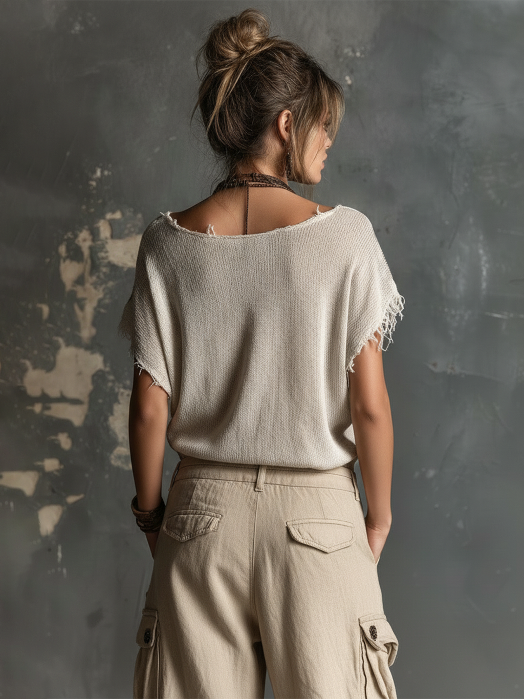 Chic Casual White V-Neck Star Print  Raw Edge Dolman Sleeves Loose-Fit Knit Sweater Top