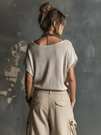 Chic Casual White V-Neck Star Print  Raw Edge Dolman Sleeves Loose-Fit Knit Sweater Top