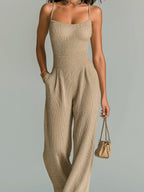 Paloma - Chic Casual Camel Strappy Sleeveless Tailored Waist Wide Leg Ribbed Knit Jumpsuit