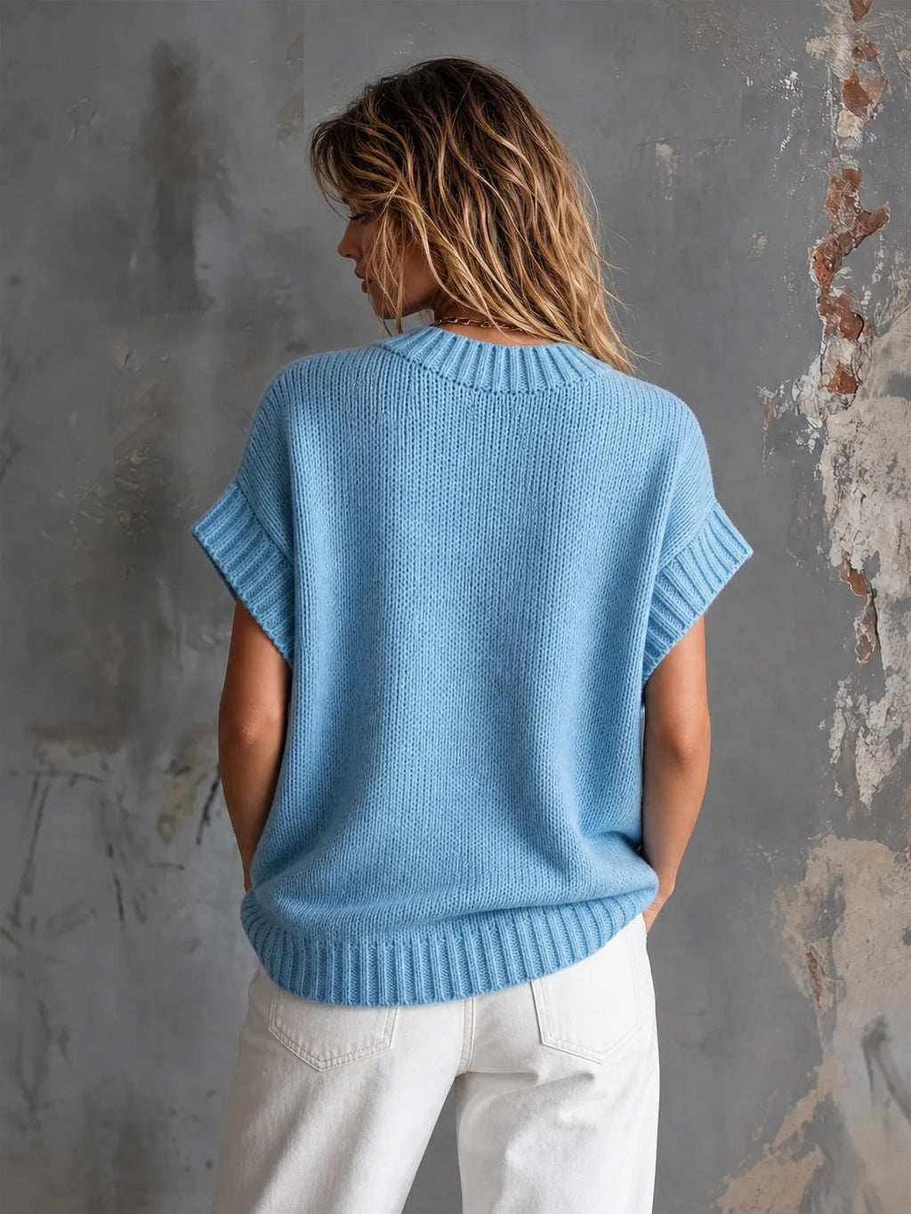 Matilda - Chic Casual Light Blue Round-Neck Red Heart Jacquard Short-Sleeve Loose-Fit Knit Sweater Top