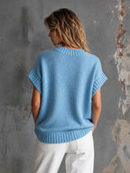 Matilda - Chic Casual Light Blue Round-Neck Red Heart Jacquard Short-Sleeve Loose-Fit Knit Sweater Top