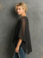 Chic Casual Black Henley Collar Dropped Shoulder Batwing-Sleeve Raw Edge Detail Loose-Fit Sweater