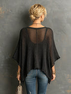 Chic Casual Black Henley Collar Dropped Shoulder Batwing-Sleeve Raw Edge Detail Loose-Fit Sweater