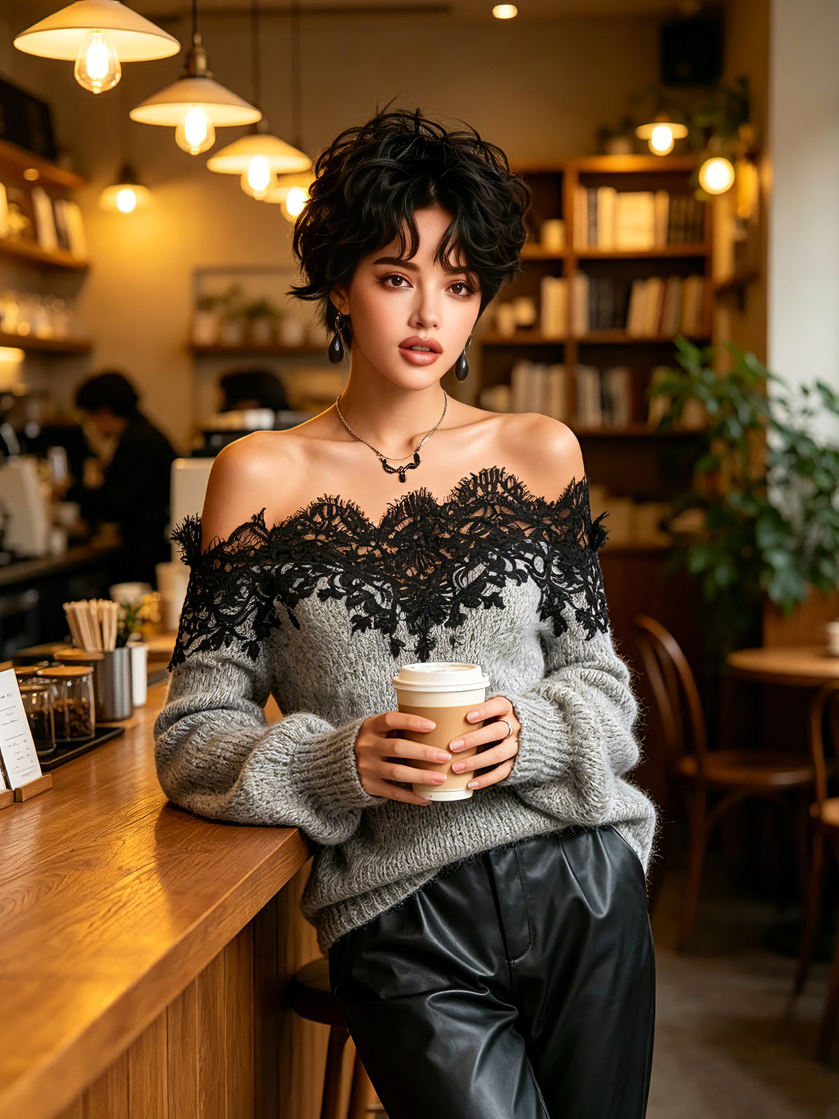 Odette - Chic Casual Gray Off-The-Shoulder Lace Trim Detail Long Sleeve Oversized Knit Sweater Top