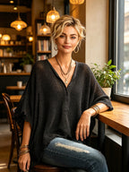 Chic Casual Black Henley Collar Dropped Shoulder Batwing-Sleeve Raw Edge Detail Loose-Fit Sweater