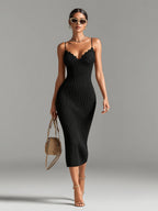 Beatrice - Chic Elegant Camel V-Neck Spaghetti Straps Sleeveless Lace Patch Slim-Fit Detail Ribbed Knit Bodycon Midi Dress