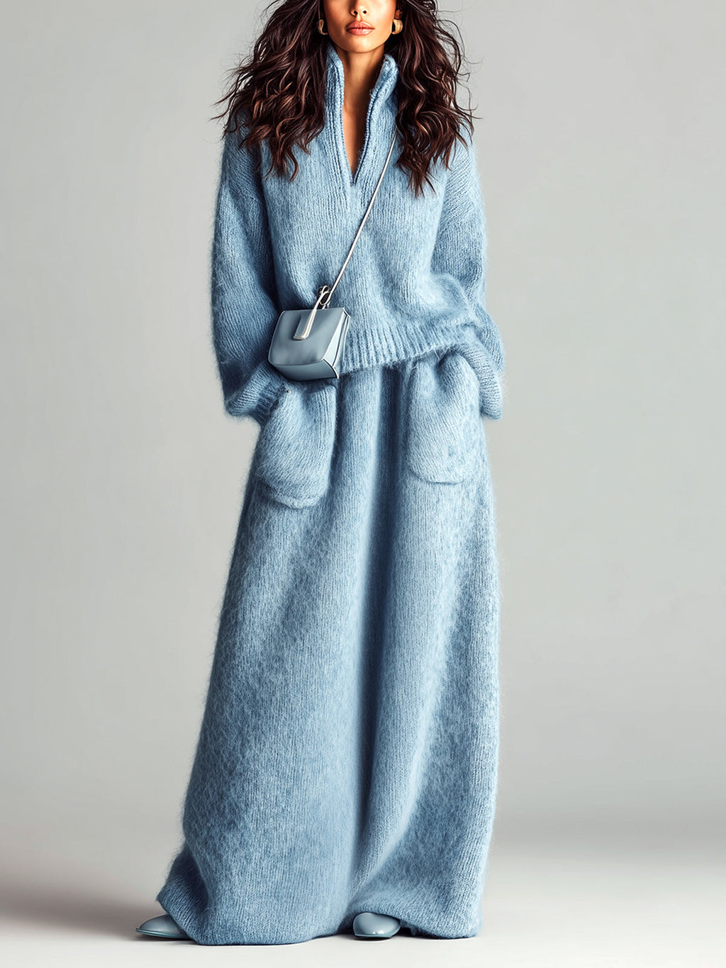 Estella - Chic Elegant Blue Stand Collar V Neck Long Sleeve Loose Sweater Patch Pocket Maxi Skirt Fuzzy Knit Two-Piece Set
