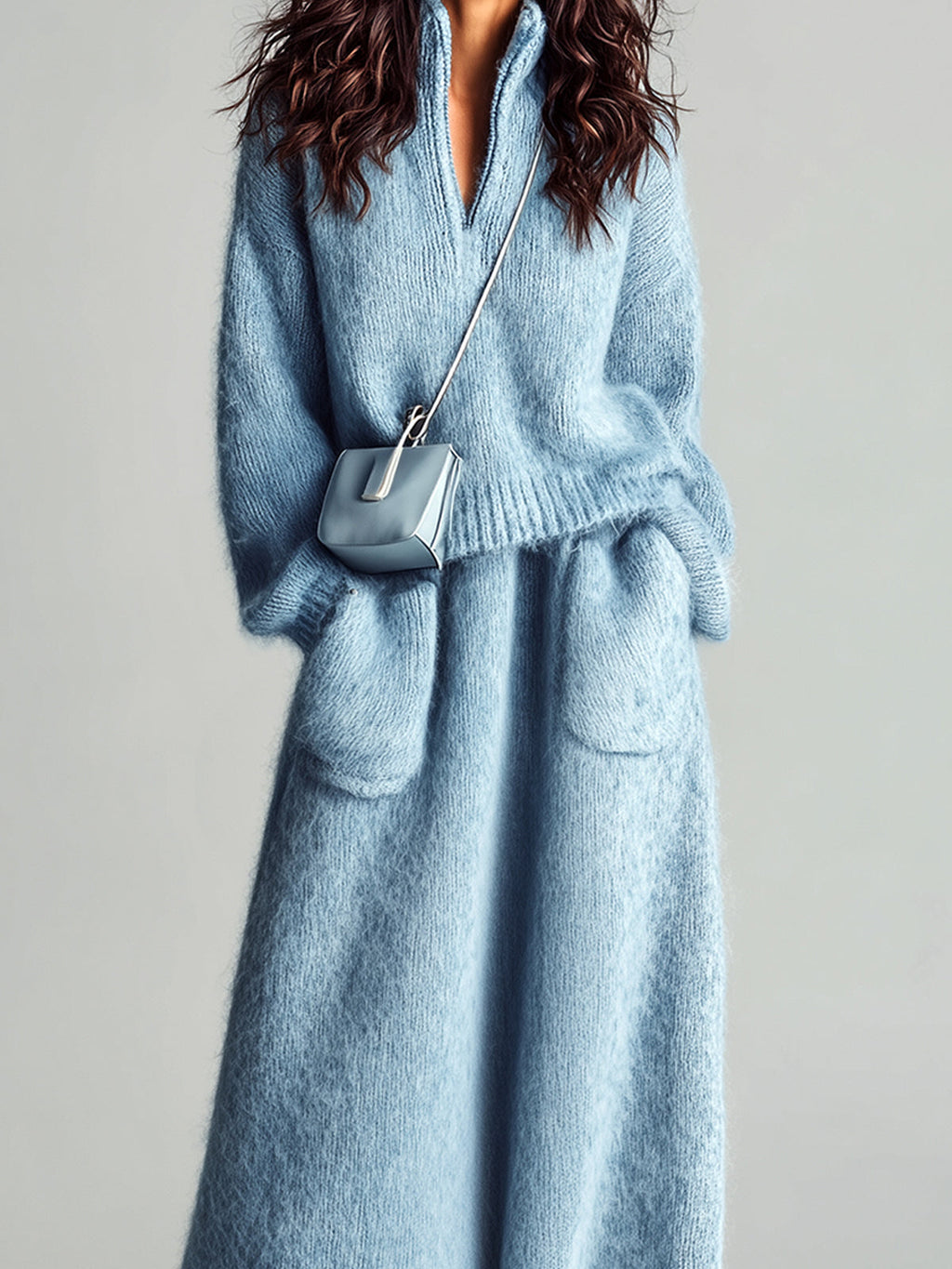 Estella - Chic Elegant Blue Stand Collar V Neck Long Sleeve Loose Sweater Patch Pocket Maxi Skirt Fuzzy Knit Two-Piece Set