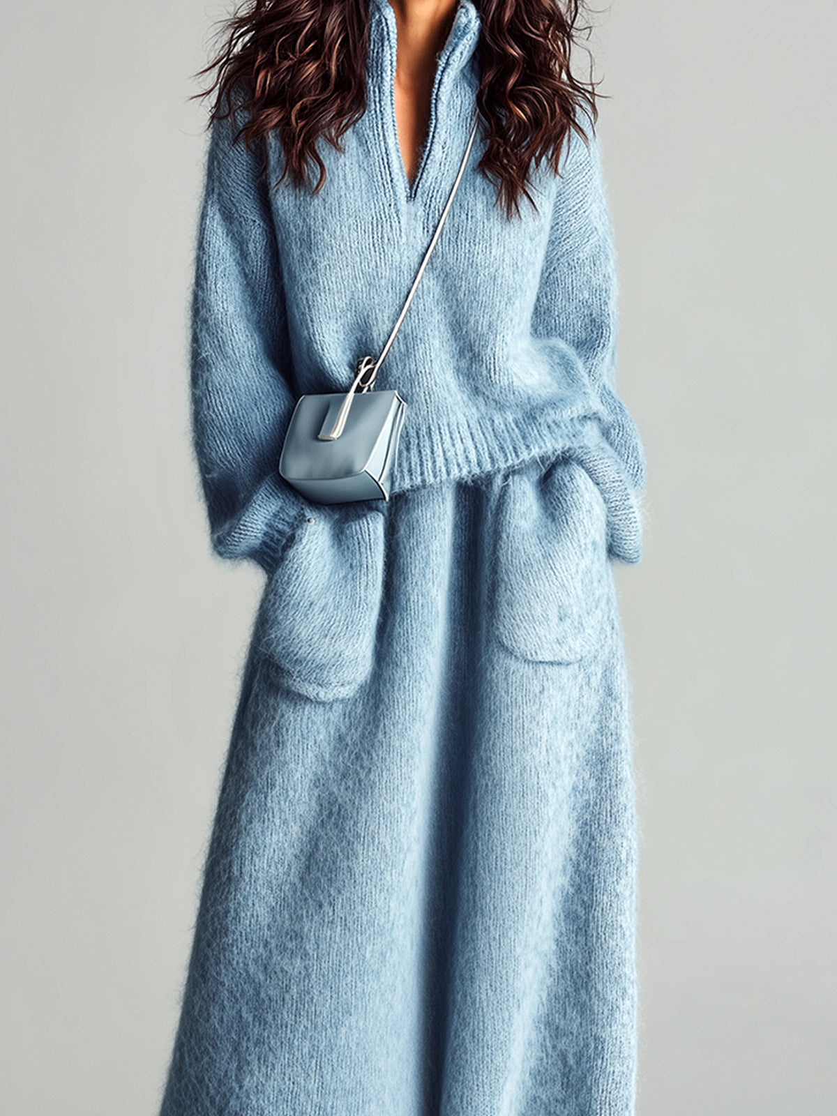 Estella - Chic Elegant Blue Stand Collar V Neck Long Sleeve Loose Sweater Patch Pocket Maxi Skirt Fuzzy Knit Two-Piece Set
