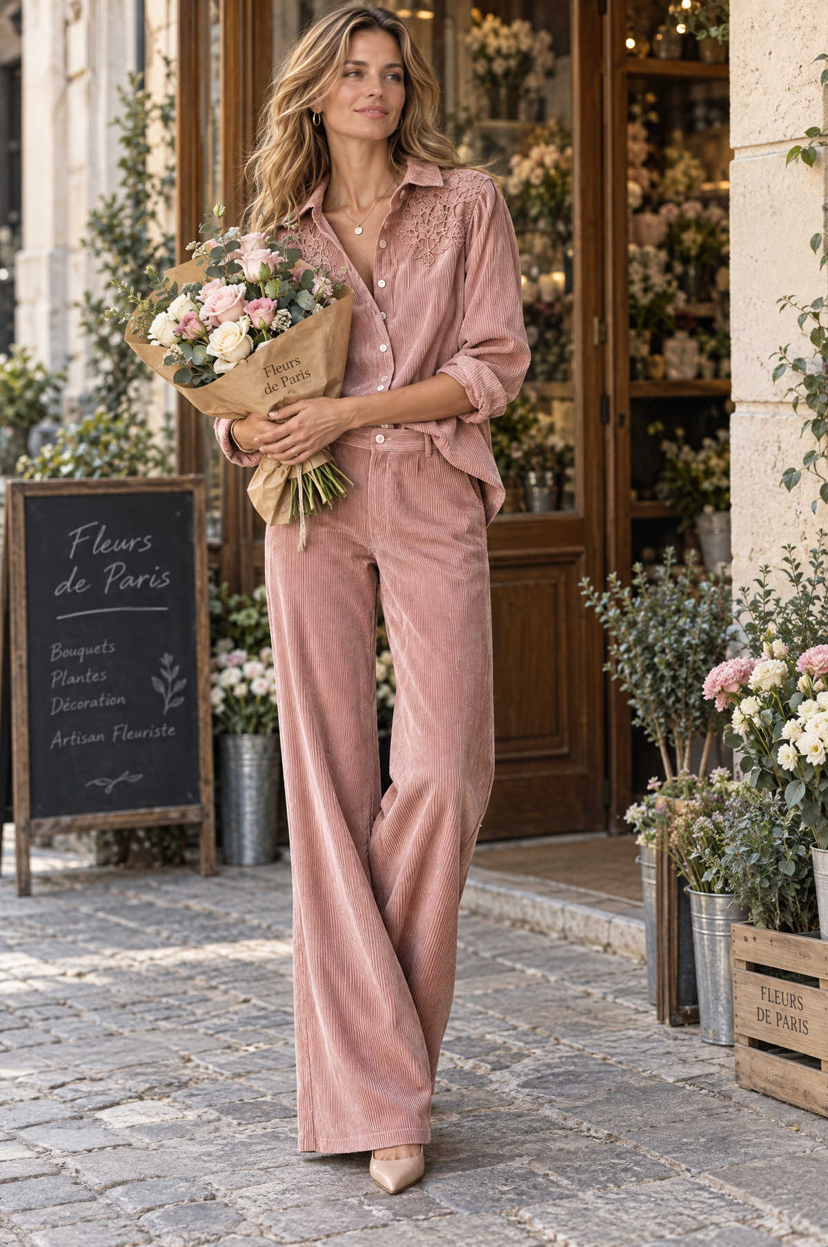 Daphne - Boho Corduroy Lace-Trim Shirt & Wide-Leg Pants Set
