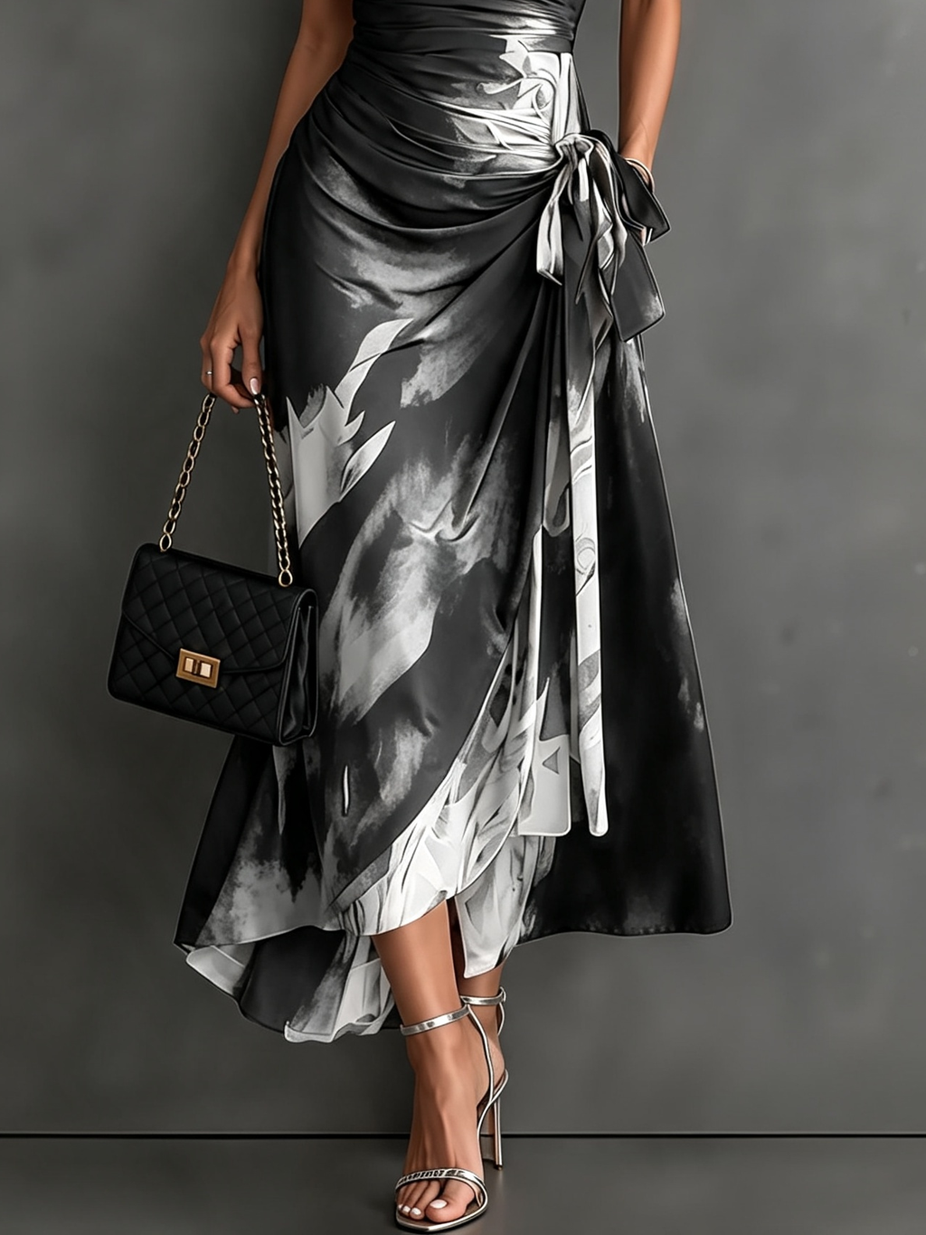 CARLOTTA | BLACK & WHITE ABSTRACT PRINT MIDI WRAP DRESS