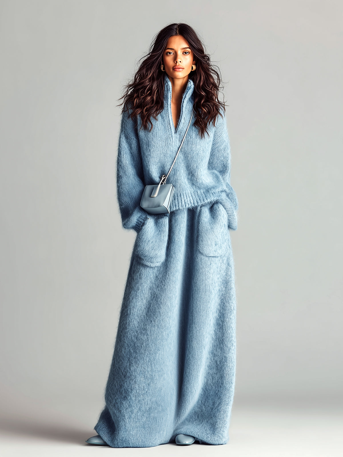 Estella - Chic Elegant Blue Stand Collar V Neck Long Sleeve Loose Sweater Patch Pocket Maxi Skirt Fuzzy Knit Two-Piece Set
