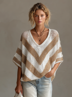 Chic Casual White-Beige Stripes V-neck Short-sleeved Loose-Fit Knit Sweater