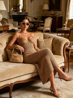 Beatrice - Chic Elegant Camel V-Neck Spaghetti Straps Sleeveless Lace Patch Slim-Fit Detail Ribbed Knit Bodycon Midi Dress