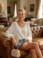 Marcella - Chic Elegant Cream White Round-Neck Long Lantern Sleeve Loose-Fit Mesh Knit Sweater Top
