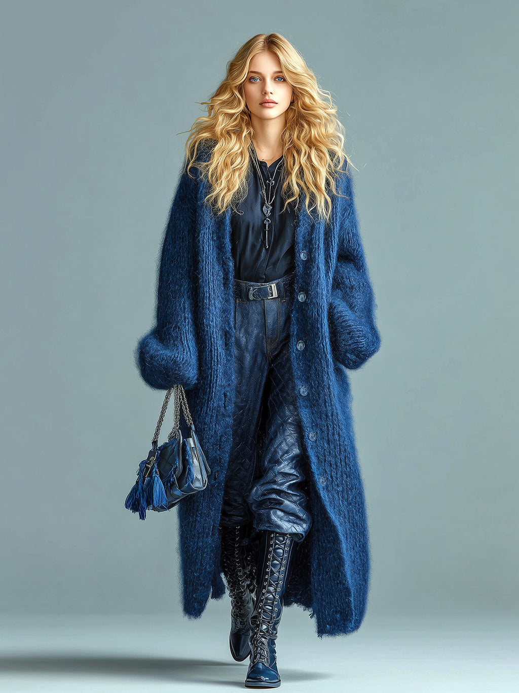 Alessia - Casual Chic Navy Blue Single-breasted Oversized Longline Fuzzy Knit Cardigan