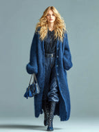Alessia - Casual Chic Navy Blue Single-breasted Oversized Longline Fuzzy Knit Cardigan