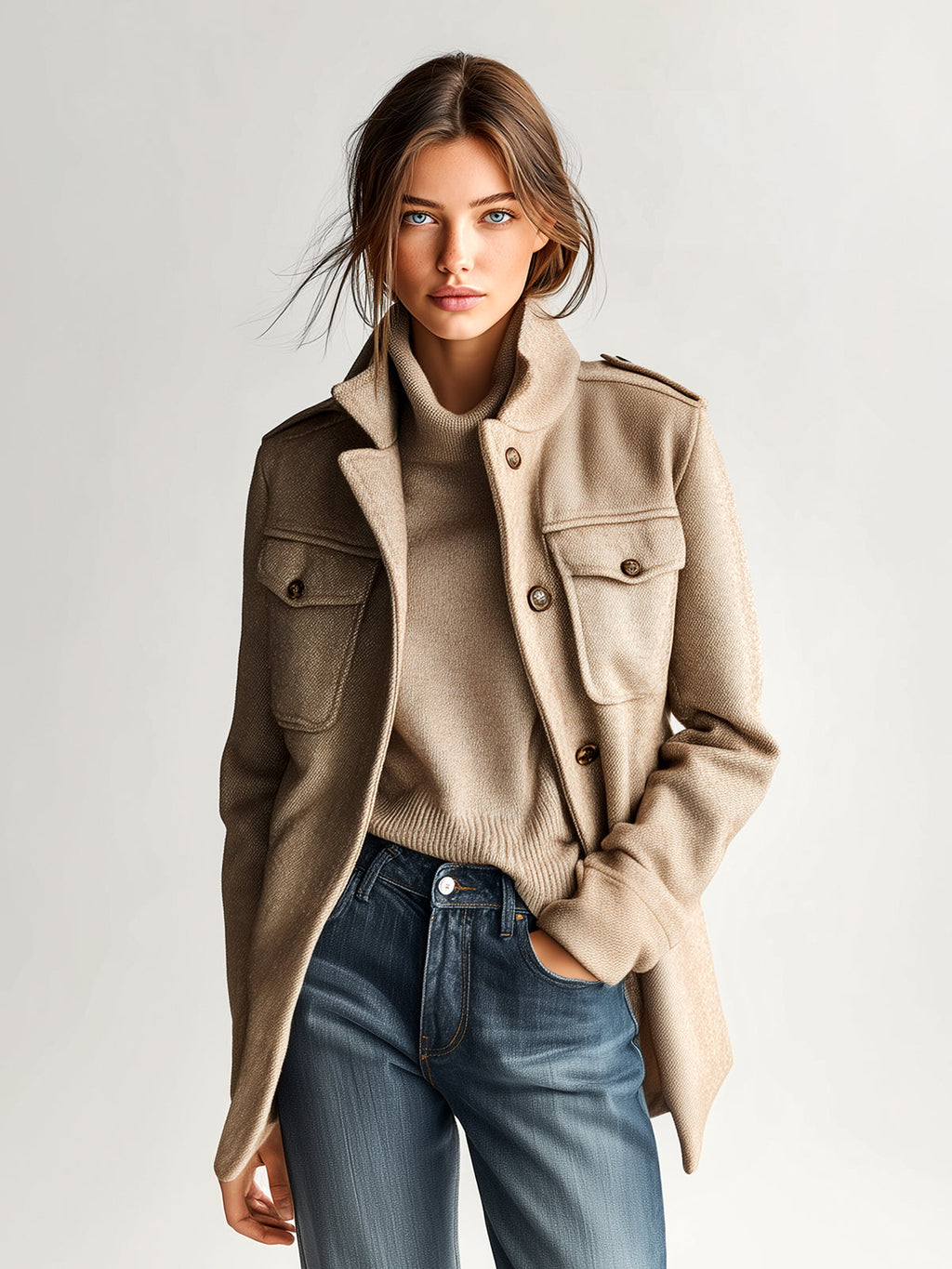 Felicity - Vintage Casual Khaki Wool Blend Stand Collar Epaulet Multi-Pocket Short Coat