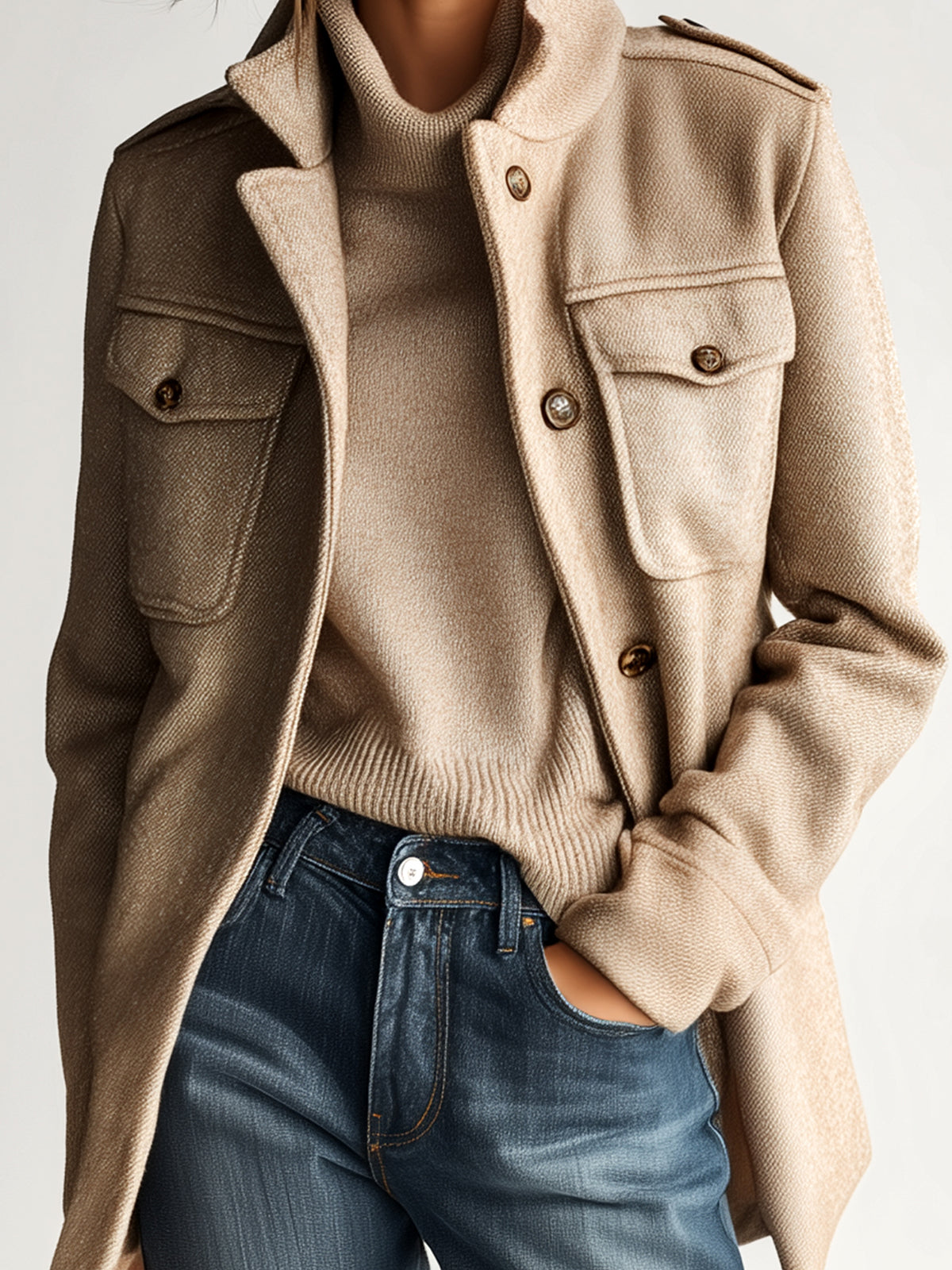 Felicity - Vintage Casual Khaki Wool Blend Stand Collar Epaulet Multi-Pocket Short Coat