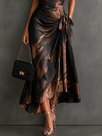 FRANCESCA | BROWN ABSTRACT PRINT MIDI WRAP DRESS