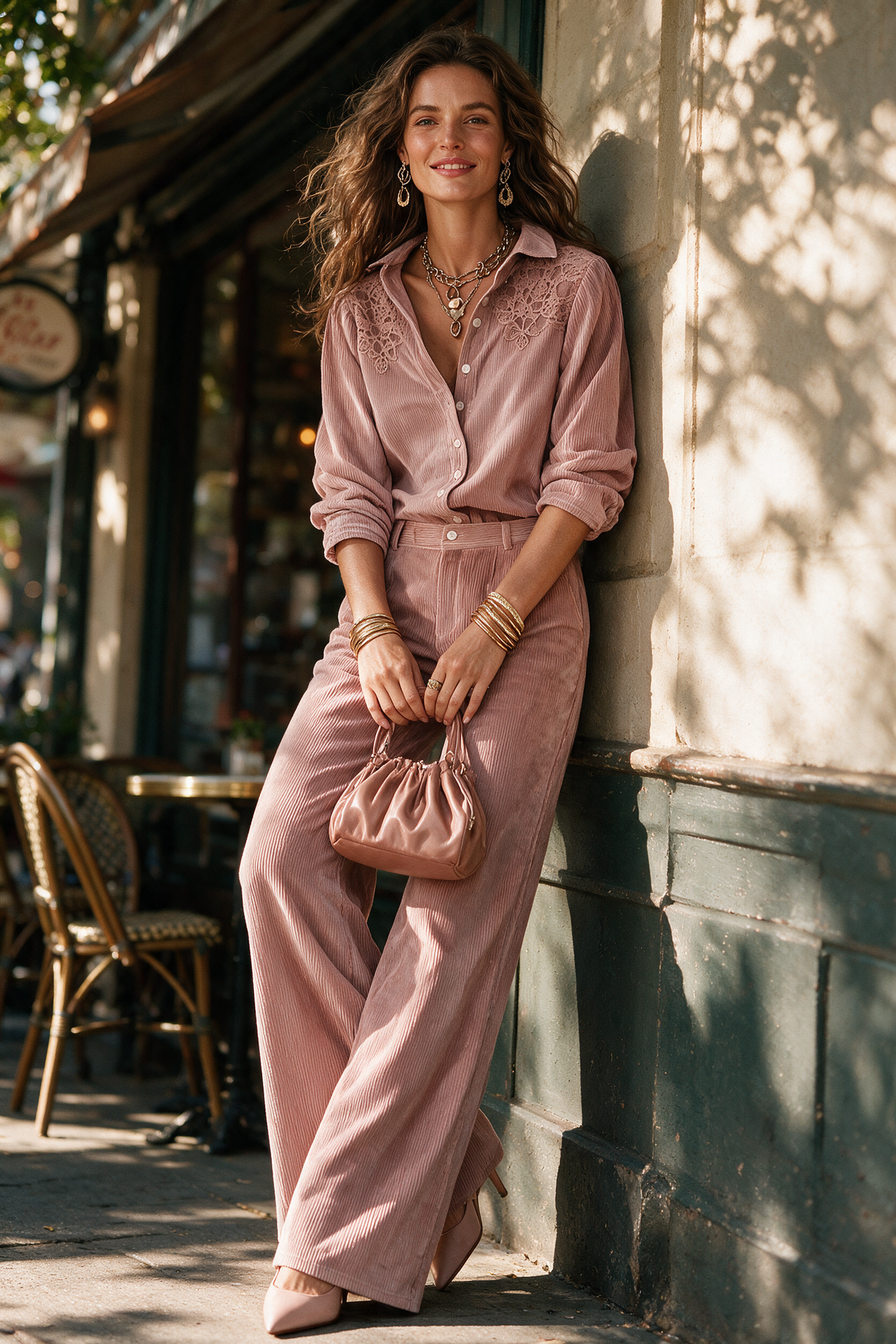 Daphne - Boho Corduroy Lace-Trim Shirt & Wide-Leg Pants Set