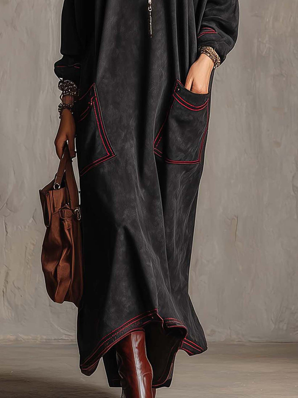 Manuela | Long Black Dress with Contrasting Stitching and Patch Pockets