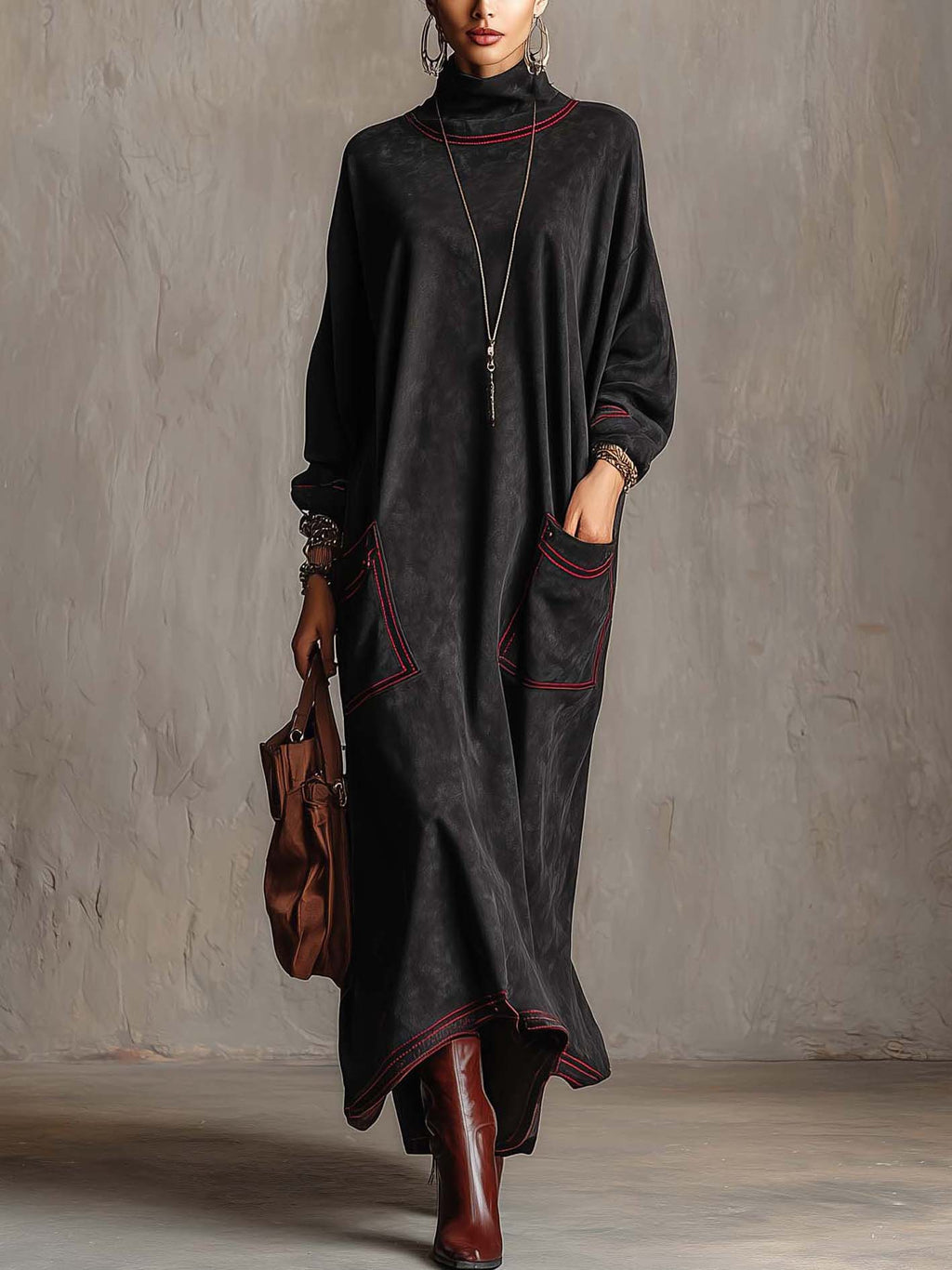 Manuela | Long Black Dress with Contrasting Stitching and Patch Pockets