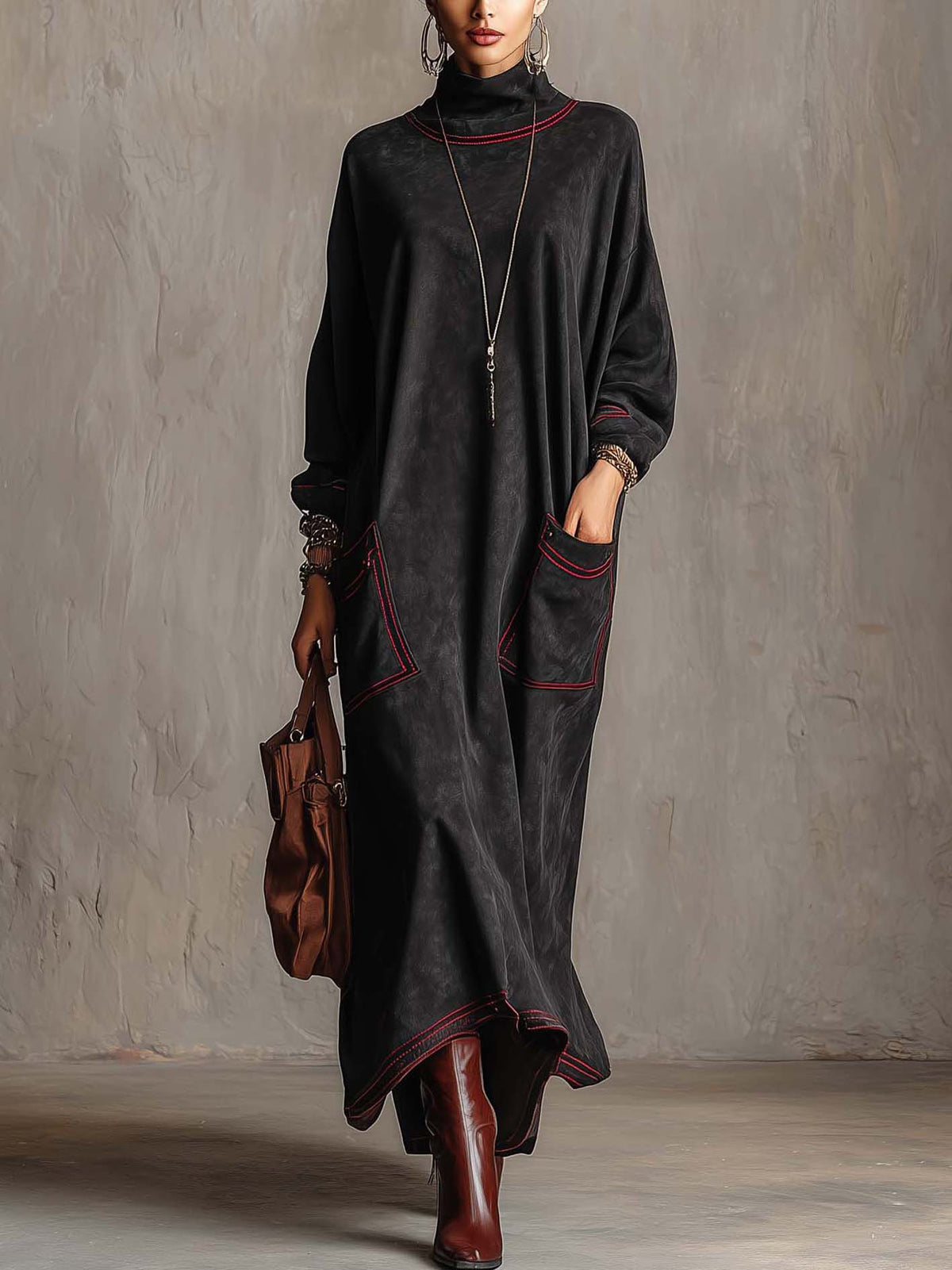 Manuela | Long Black Dress with Contrasting Stitching and Patch Pockets