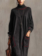 Manuela | Long Black Dress with Contrasting Stitching and Patch Pockets
