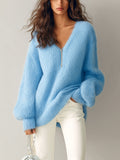 Natalia - Chic Vintage Blue V-Neck Long-Sleeve Zipper-Front Oversize Fuzzy Knit Sweater Top