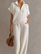 Chic Elegant Cream White Zipper-Up Stand Collar Oversize Short-Sleeve Sweater  Wide-Leg Pants Ribbed Knit Two-Piece Set