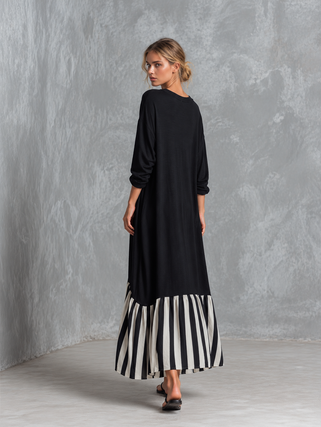 Stefania | Oversized Black Long Dress with Patchwork Stripes